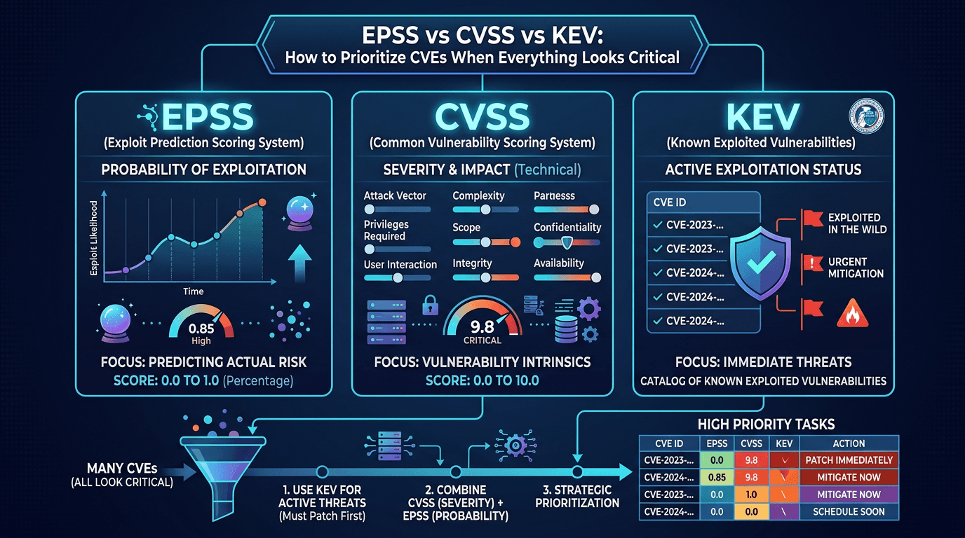 Cover Image for EPSS vs CVSS vs KEV: How to Prioritize CVEs When Everything Looks Critical