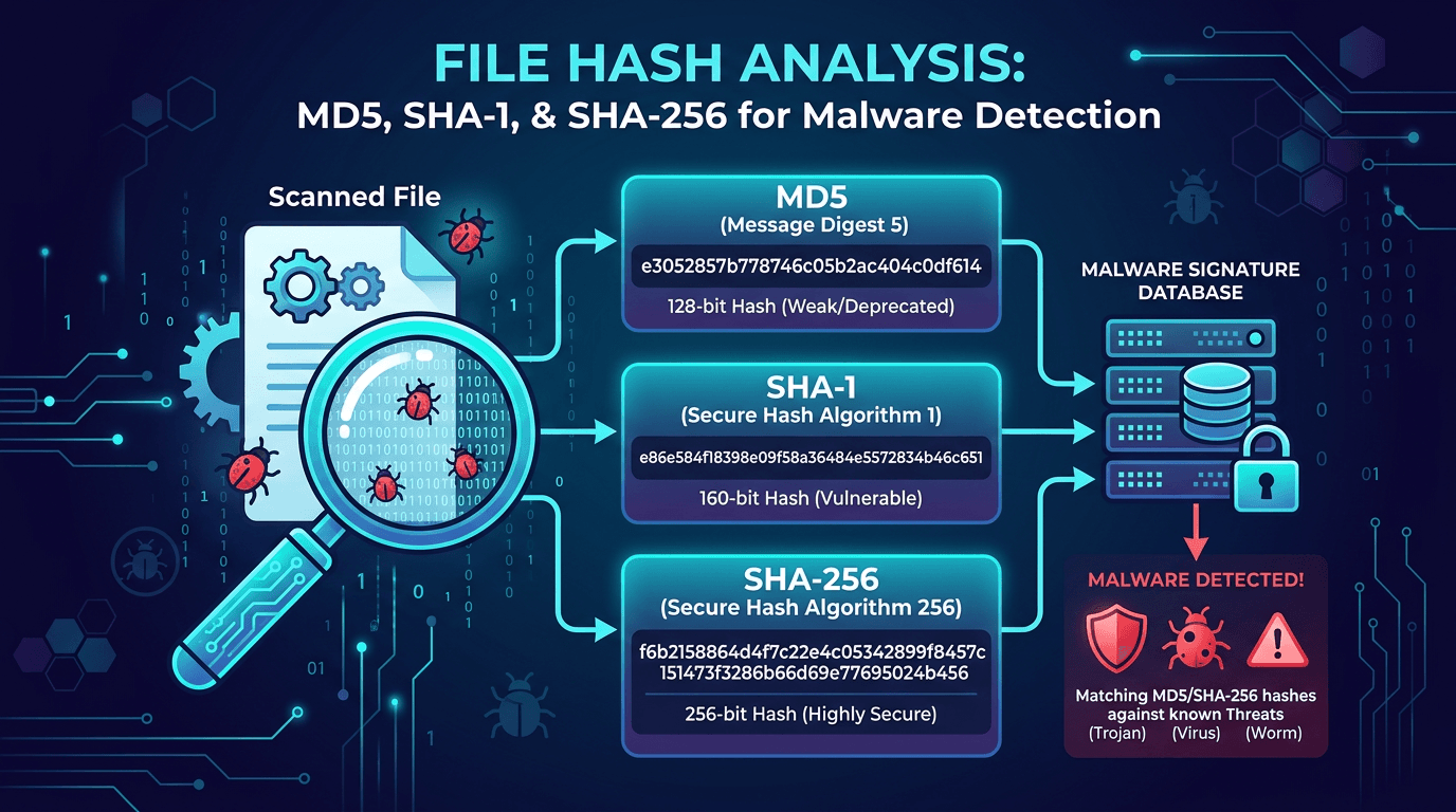 Cover Image for File Hash Analysis: MD5, SHA-1, and SHA-256 for Malware Detection and Threat Hunting