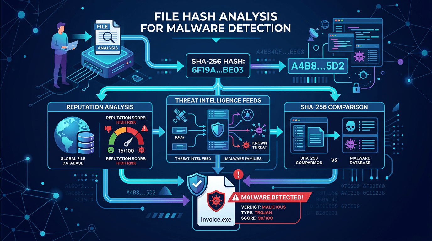 Cover Image for File Hash Analysis for Malware Detection: SHA-256, Reputation, and Threat Intel Workflows
